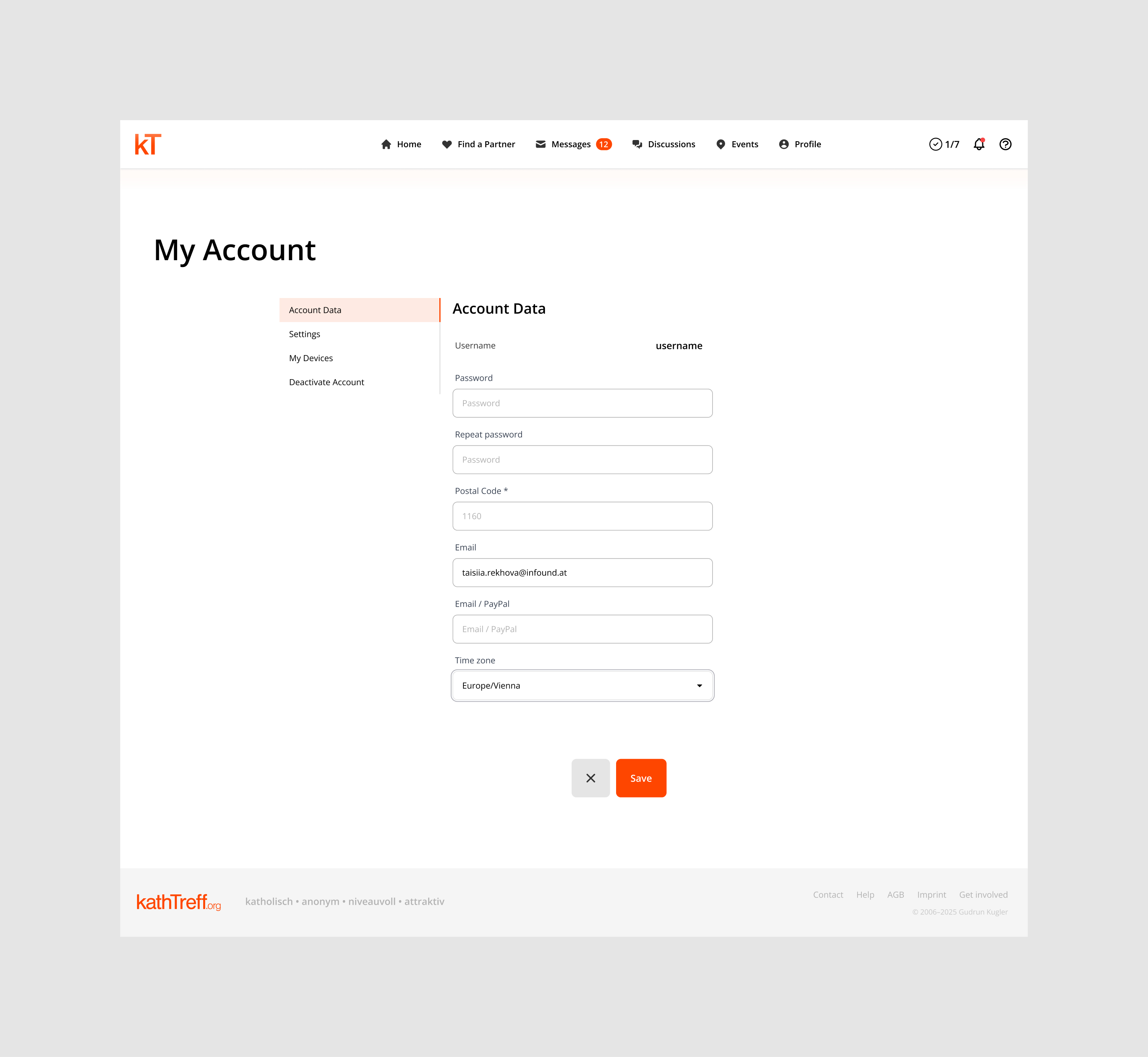 My Account settings screen