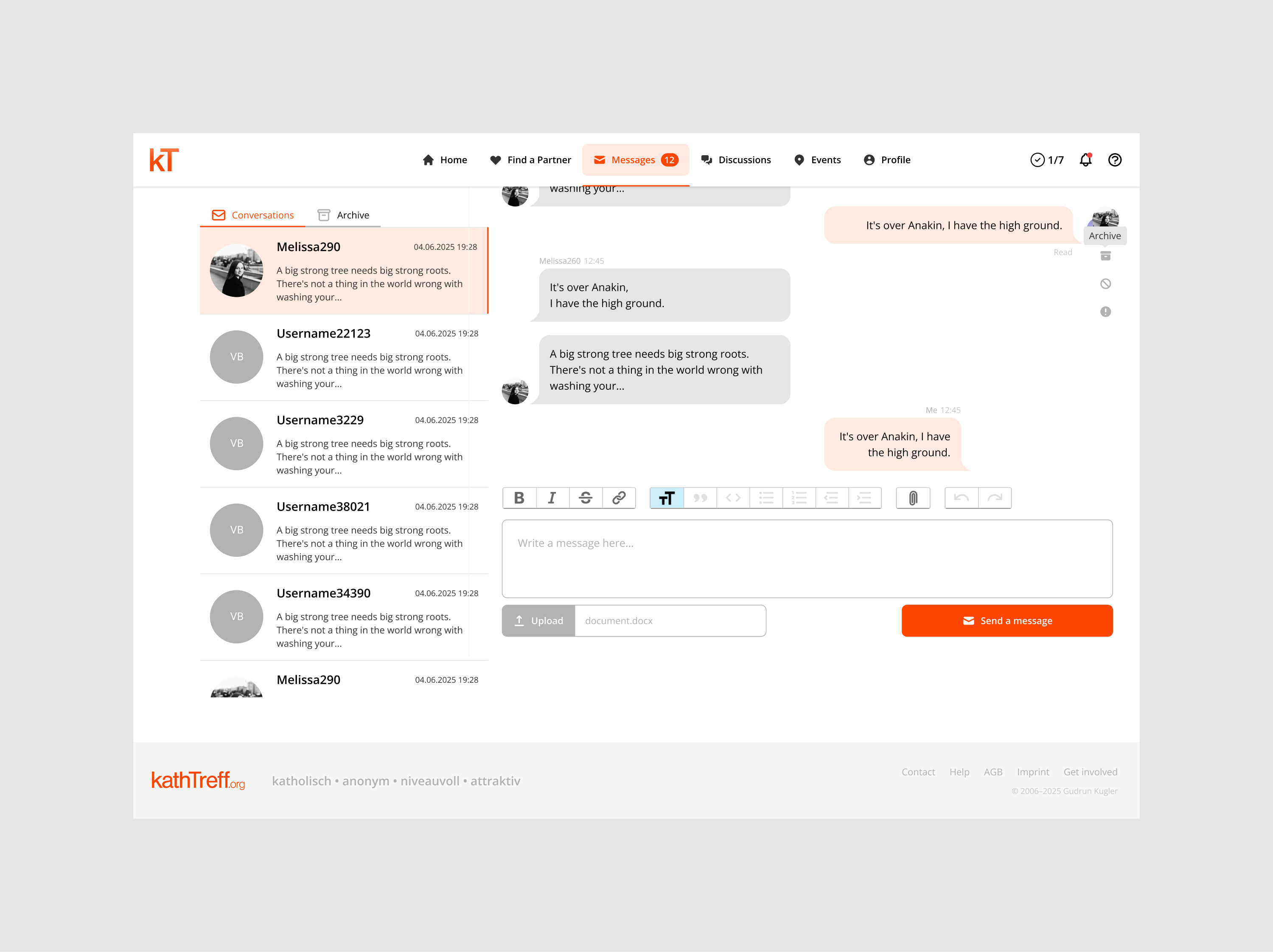 Messages inbox and active conversation view
