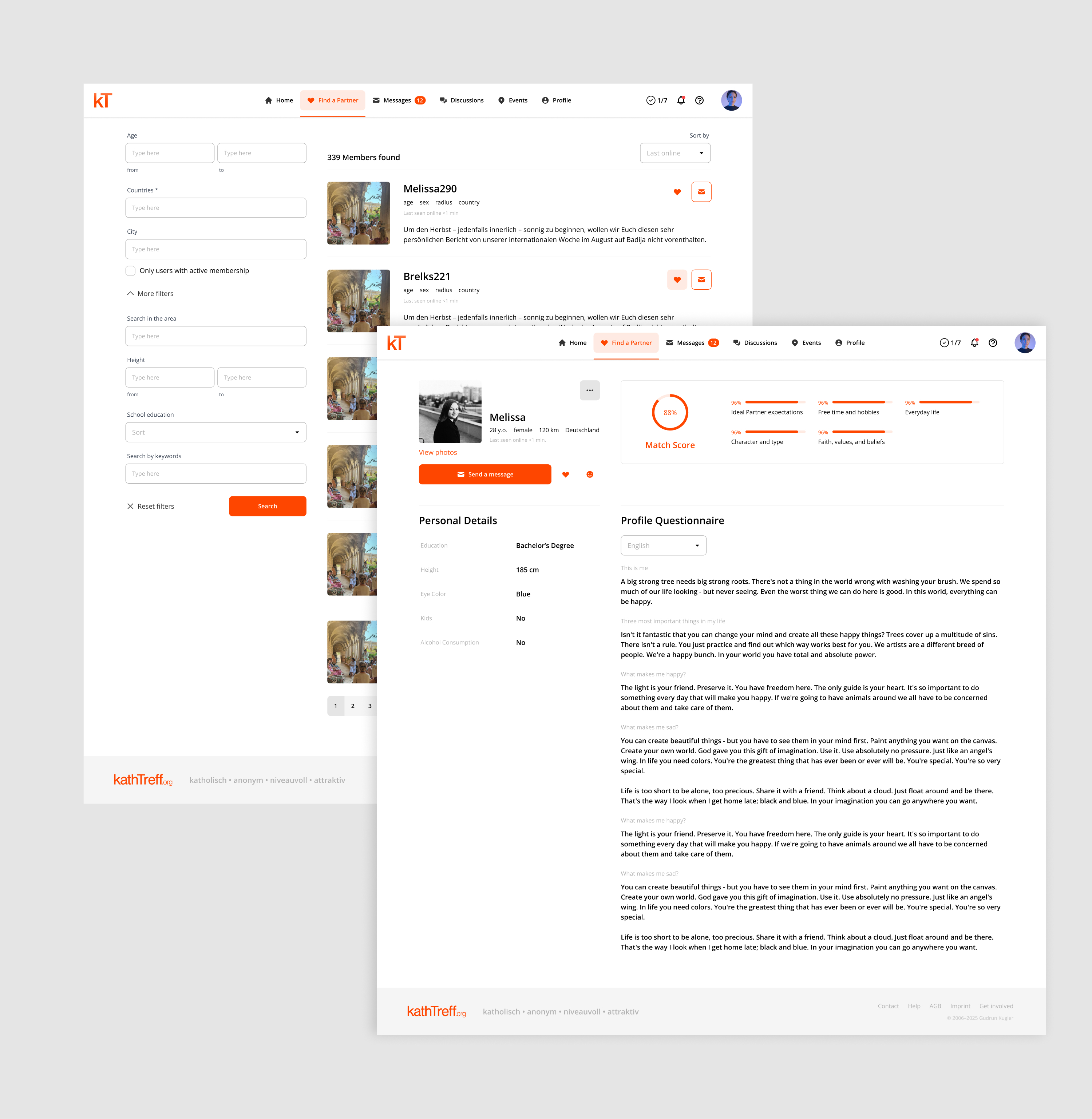 Find a Partner search results and member profile with match score