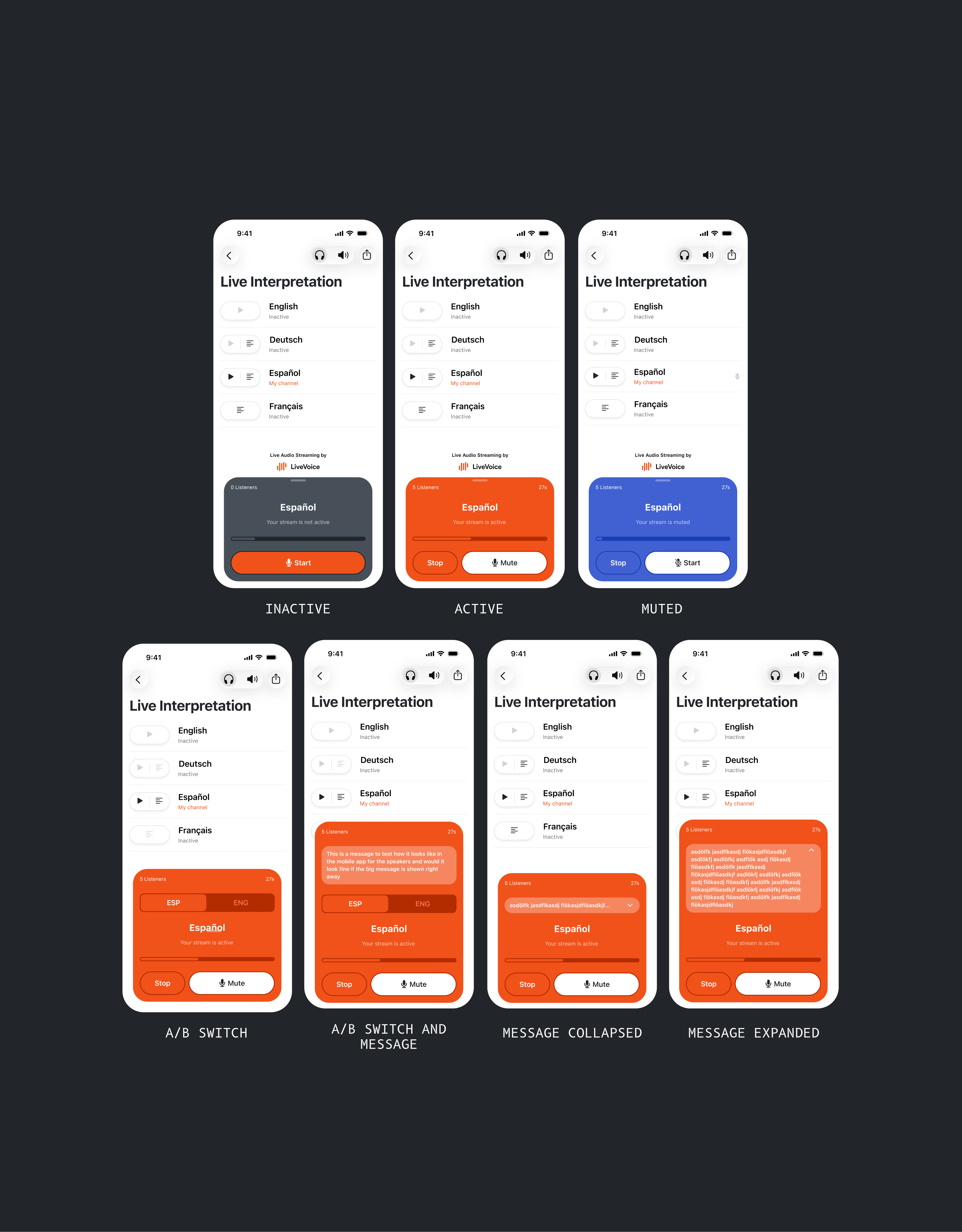 Speaker box redesign: inactive, active, and muted states, plus the A/B switch and message positions
