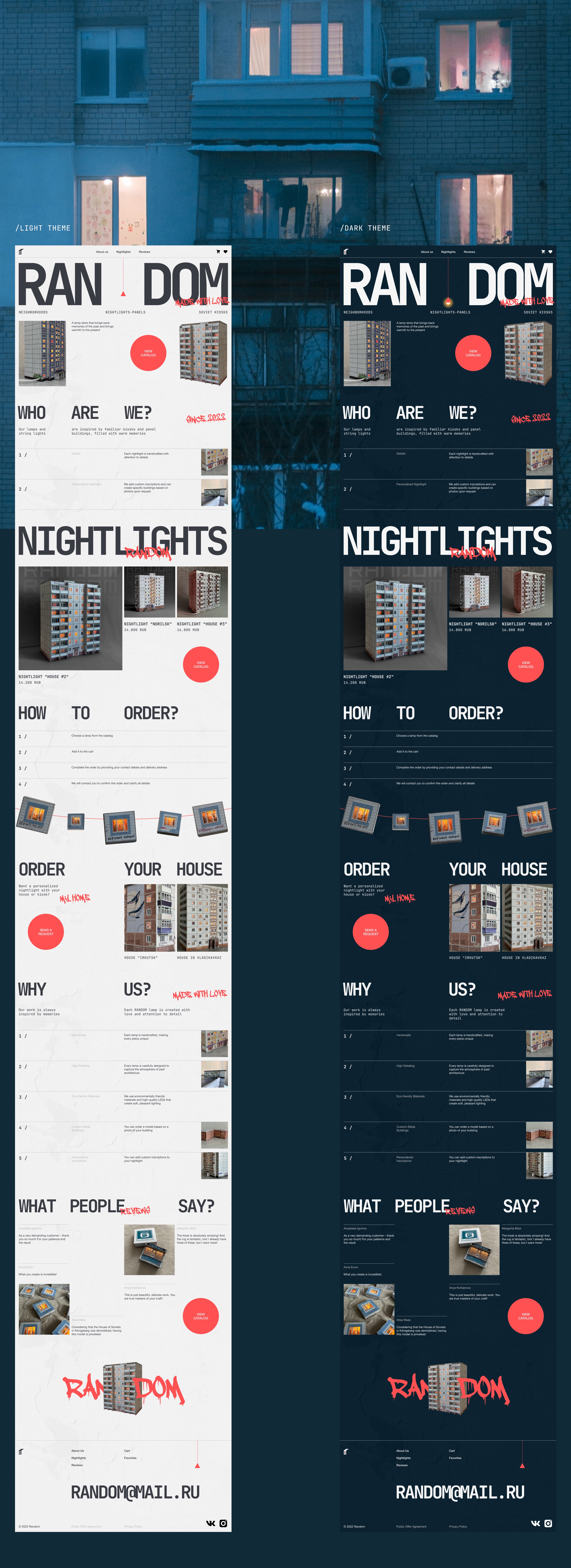 RANDOM website homepage, light and dark theme